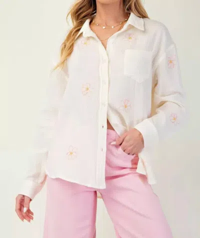 Easel Embroidered Cotton Long Sleeve Top In Cream