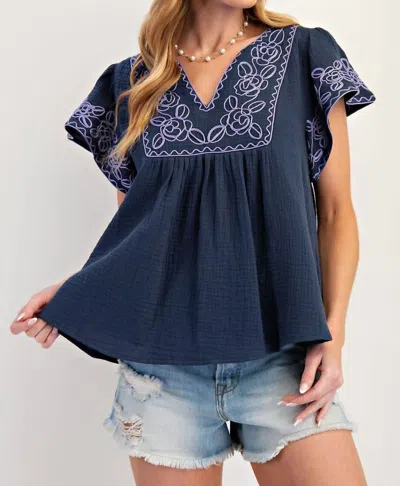 Easel Embroidery Cotton Gauze Babydoll Top In Blueberry