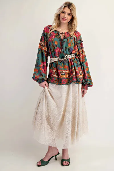Easel Exclusive Mixed Floral Print Woven Challis Top In Moss In Multi