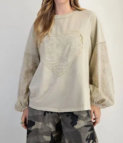 Easel Eyelet Lace Heart Patched Top In Faded Sage In Neutral