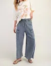 Easel Feeling Good Utility Mineral Washed Wide Legs Terry Knit Cargo Pants In Faded Navy