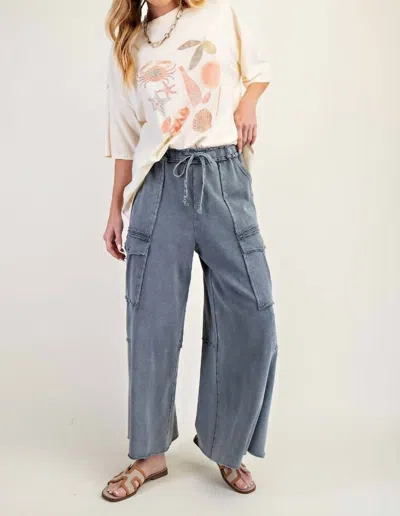 Easel Feeling Good Utility Mineral Washed Wide Legs Terry Knit Cargo Pants In Faded Navy In Multi