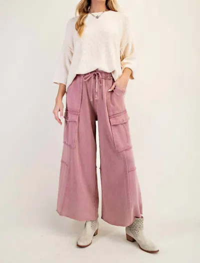 Easel Feeling Good Utility Mineral Washed Wide Legs Terry Knit Cargo Pants In Faded Plum