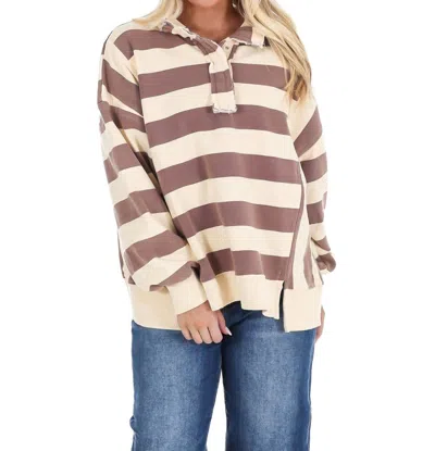 Easel Field Day Rugby Stripe Pullover In Mocha In Multi