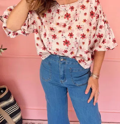Easel Fiona Floral Bubble Sleeve Top In Pink