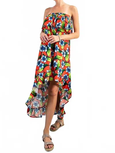 Easel Floral Assymetrical Strapless Dress In Red In Multi