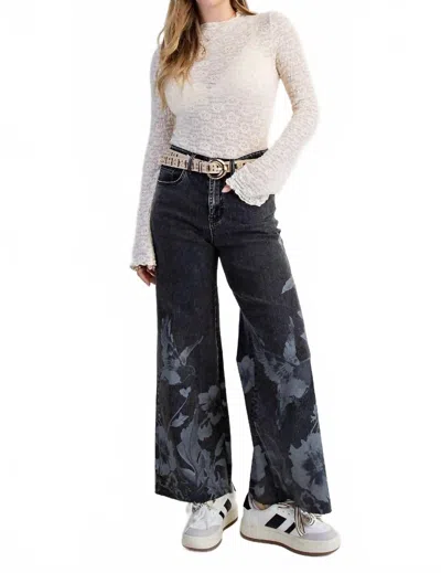 Easel Floral Bird Stretch Denim Pants In Black Denim Wash In Multi