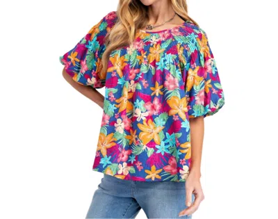 Easel Floral Bubble Top In Blue