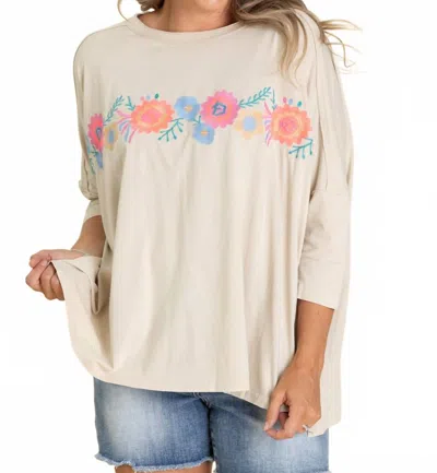 Easel Floral Embroidered Jersey Tee In Khaki In Neutral