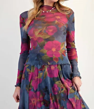 Easel Floral Mesh Fitted Top In Indigo Magenta In Multi
