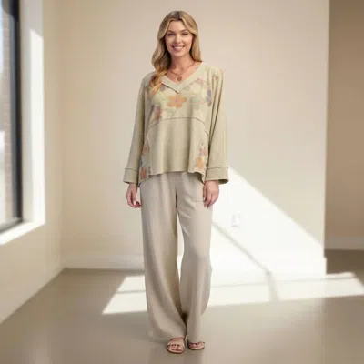 Easel Floral Panel Waffle Knit Top In Cream/flowers In Multi