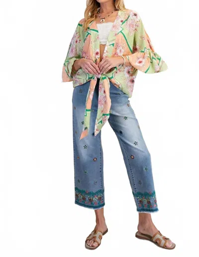 Easel Floral Peach Blossom Kimono Tie Shrug Top In Sage & Coral In Blue