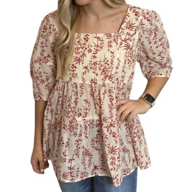 Easel Floral Peasant Top In Crimson And Ivory In Multi
