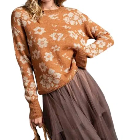 Easel Floral Print Crew Neck Sweater In Brown