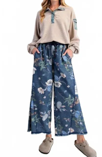 Easel Floral Print Drawstring Palazzo Pants In Blue