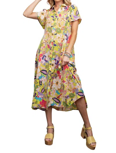 Easel Floral Print Mirabelle Satin Shirt Maxi Dress In Pineapple In Yellow