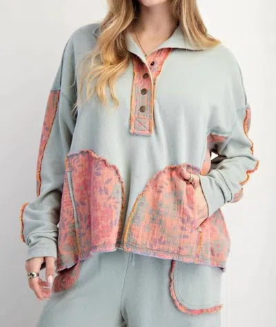 Easel Floral Print Mock Neck Washed Terry Pullover In Sage In Blue