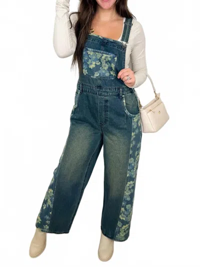 Easel Floral Print Patchwork Overalls In Dark Wash Denim In Blue