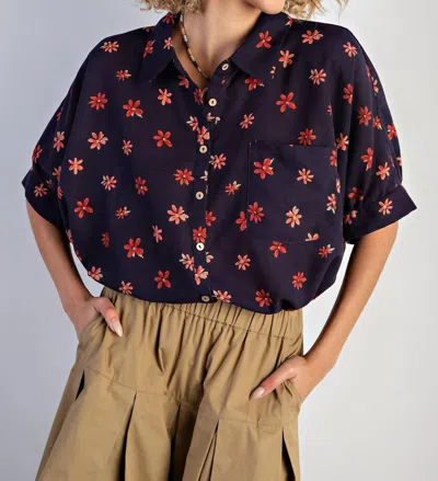 Easel Floral Print Poly Linen Button Down Shirt In Navy In Black