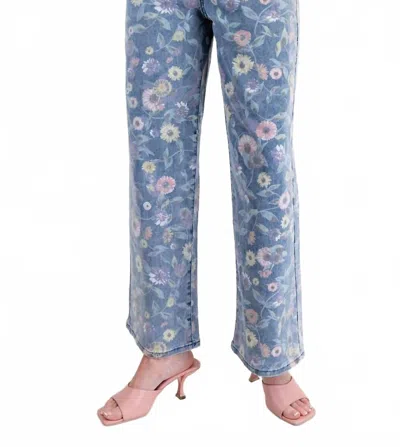 Easel Floral Print Twill Pants In Denim In Blue