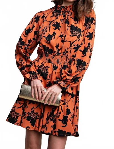 Easel Floral Printed Challis Mock Neck Dress In Rust In Orange