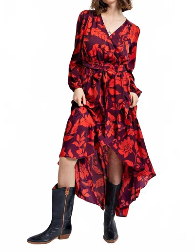 Easel Floral Printed Mirabelle Satin Maxi Dress In Eggplant In Red