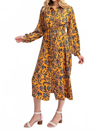 Easel Floral Printed Shirt Dress With Spaghetti Belt In Gold In Orange