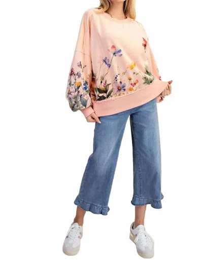Easel Floral Printed Terry Knit Pullover Top In Coral In Pink