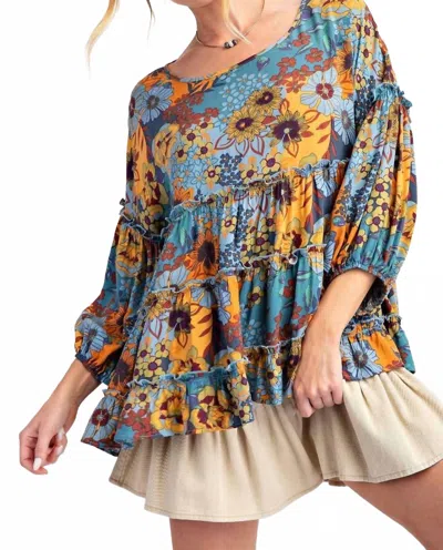 Easel Floral Ruffle Top In Blue In Multi
