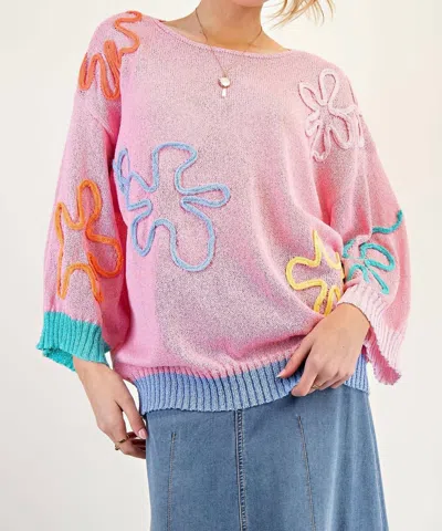 Easel Flower Knit Sweater Tunic In Pink