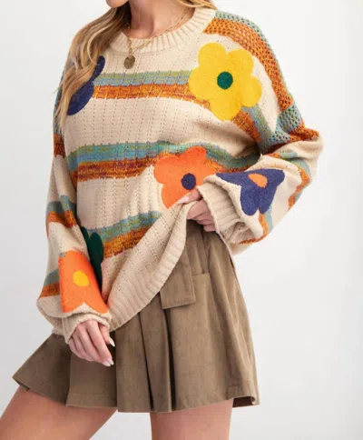 Easel Flower Patch Sweater In Khaki In Green