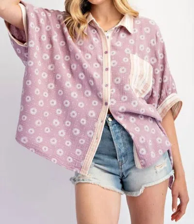 Easel Flower Pattern Cotton Gauze Top In Dusty Purple