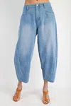 Easel Flower Patterned Washed Barrel Jeans In Washed Denim In Blue