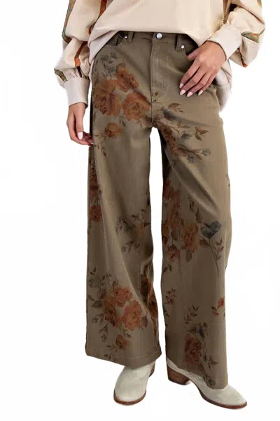 Easel Flower Print Stretch Washed Twill Pants In Olive In Green