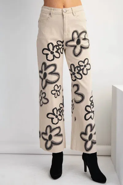 EASEL FLOWER PRINT WASHED WIDE PANTS IN KHAKI