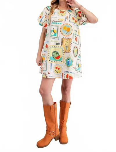 Easel Fruit Pattern Short Sleeve Mini Dress In Banana Milk In Multi