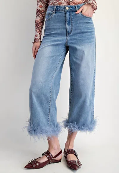 Easel Fur Bottom Hem Stretch Denim Pants In Blue