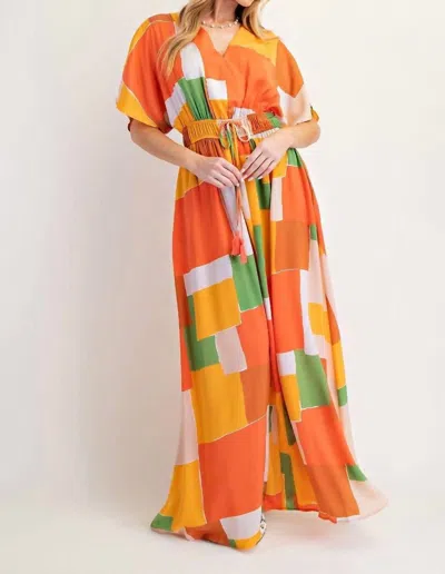 Easel Geo Print Maribel Satin Maxi Dress In Orange Carmel