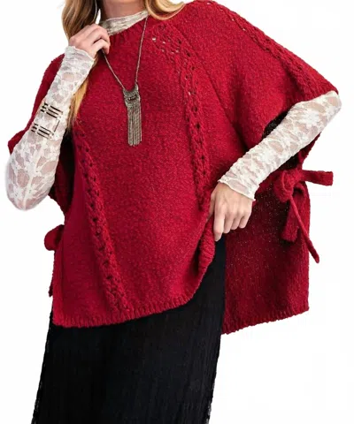 Easel Half Sleeves Knitted Sweater Poncho In Red In Burgundy
