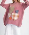 Easel Heart Patch Mineral Washed Knit Top-plus In Mauve In Multi