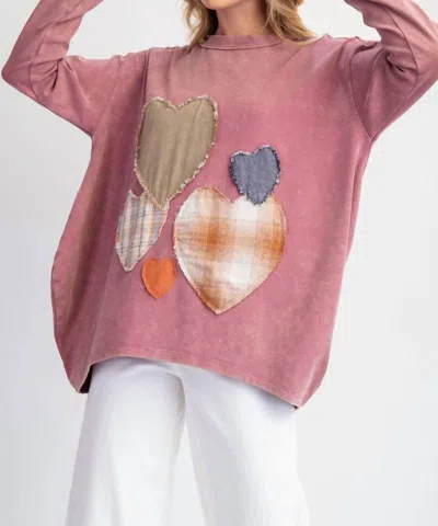 Easel Heart Patch Mineral Washed Knit Top-plus In Mauve In Multi