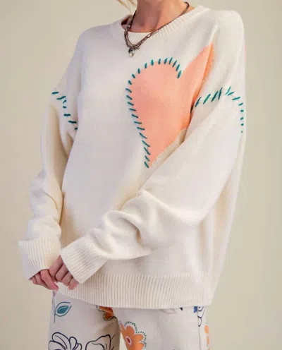 Easel Heart Stitched Sweater In Ivory In White