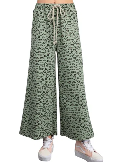 Easel High-rise Cotton Wide Leg Leopard Pants In Sage Green
