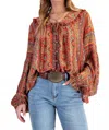 Easel Laredo Balloon Sleeves Top In Orange Pepper In Multi