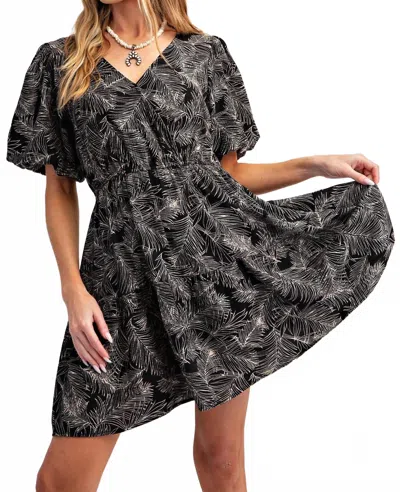 Easel Leaf Print Cotton Poplin Surplice Woven Dress In Black