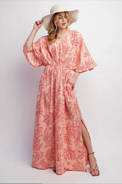 Easel Leaf Printed Laura Maxi Dress In Peach Smoothie In Multi