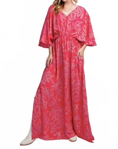 Easel Leaf Printed Laura Maxi Dress In Pink Drink In Red