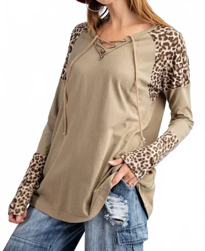 Easel Leopard Long Sleeves Top In Sage Grey In Brown