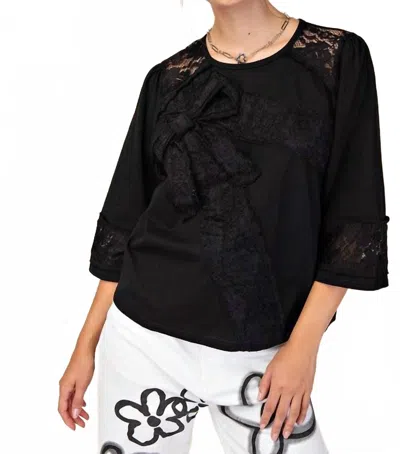 Easel Let's Go Lace Bow Patch Cotton Jersey Top In Black