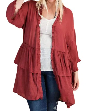 Easel Light Semi Sheer Ruffle Cardigan In Red Velvet
